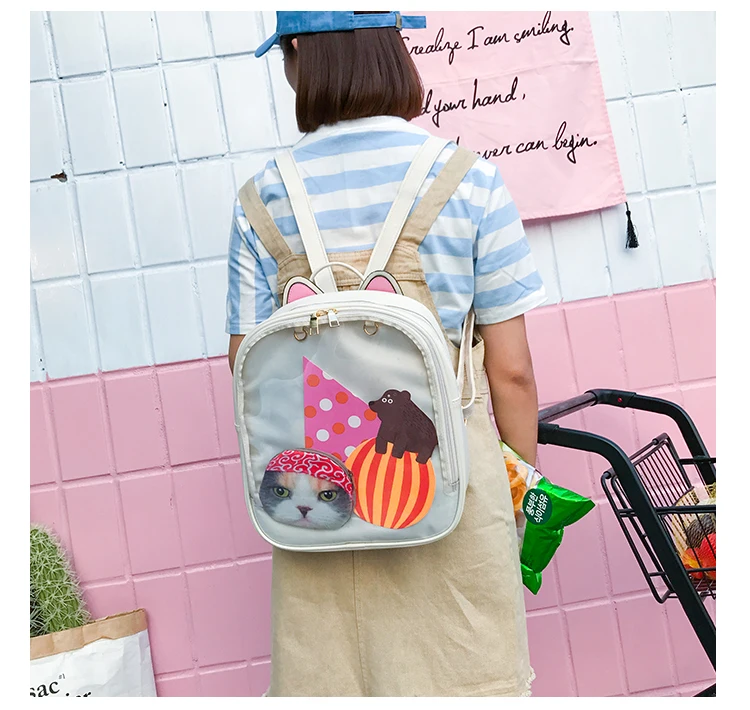 Lovely Cat Ear Leather Backpacks Candy Color Transparent Bag Teenage Girls Travel Bakpack Children Shoulder Bags School Itabag