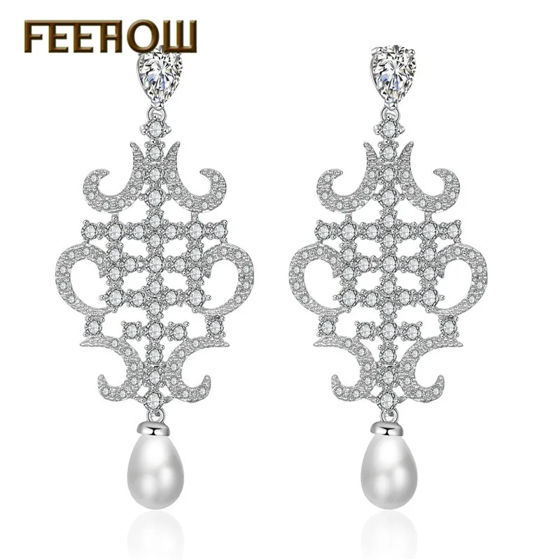 

FEEHOW Romantic Wedding Women Jewelry Tiny Zirconia Silver Color Dangle Earrings With Simulated Pearl European Style FWEP234