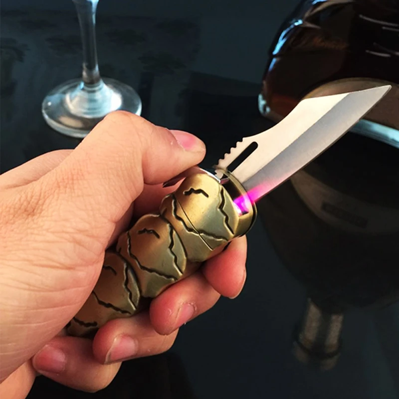 

Inflatable Lighter Pocket Folding Knife Skull Pattern Metal Multi Functional Windproof Decorative Hanging Ornament Gift Tool