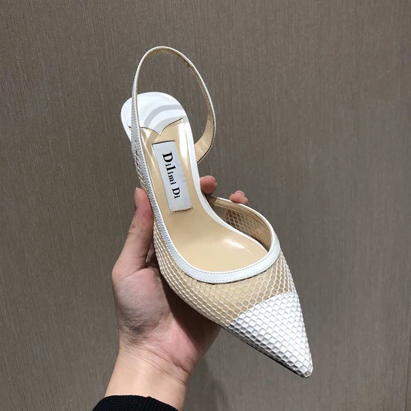 

fashion white sandals slingback pumps summer woman pointed toe back strap thin heels elegant high heels