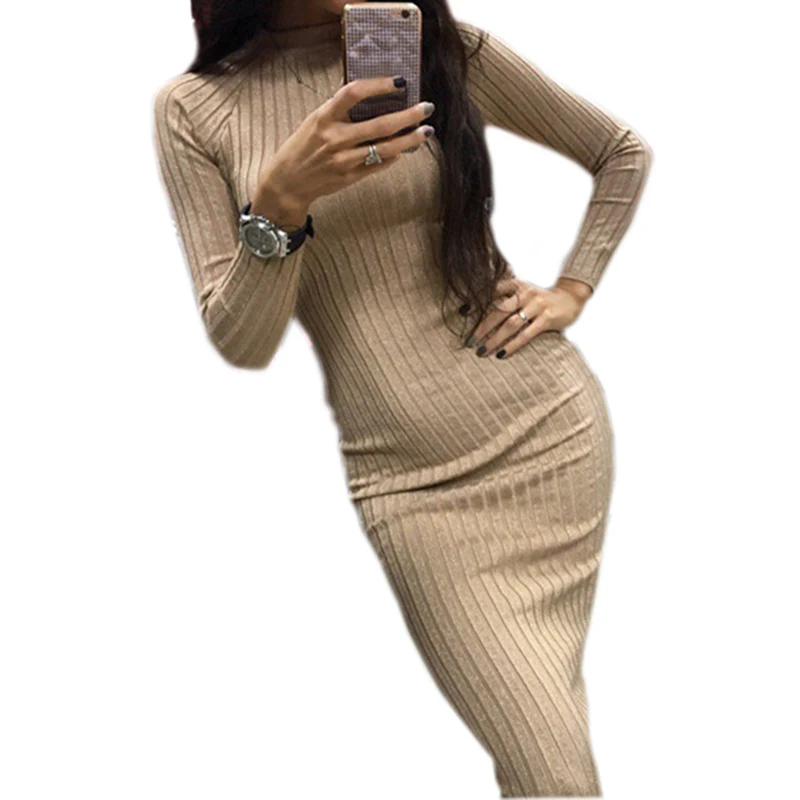 Sexy Midi Sheath Bodycon Dress Women Slim Solid Knitted Dress Long Sleeve Elegant Package Hip Office