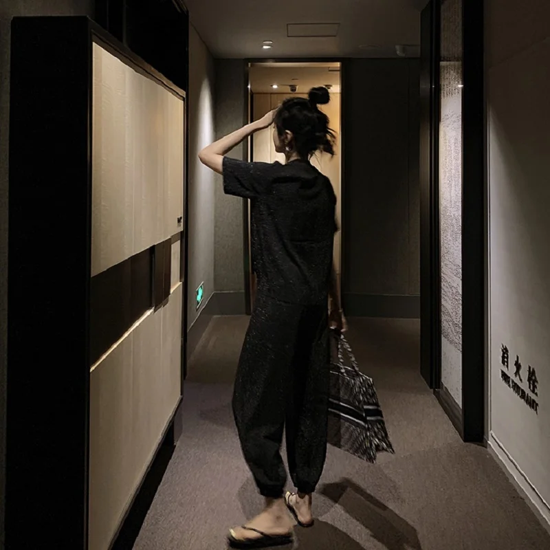 

2019 summer new high waist harem pants glitter loose wide leg pants female folds drawstring irregular short-sleeved shirt