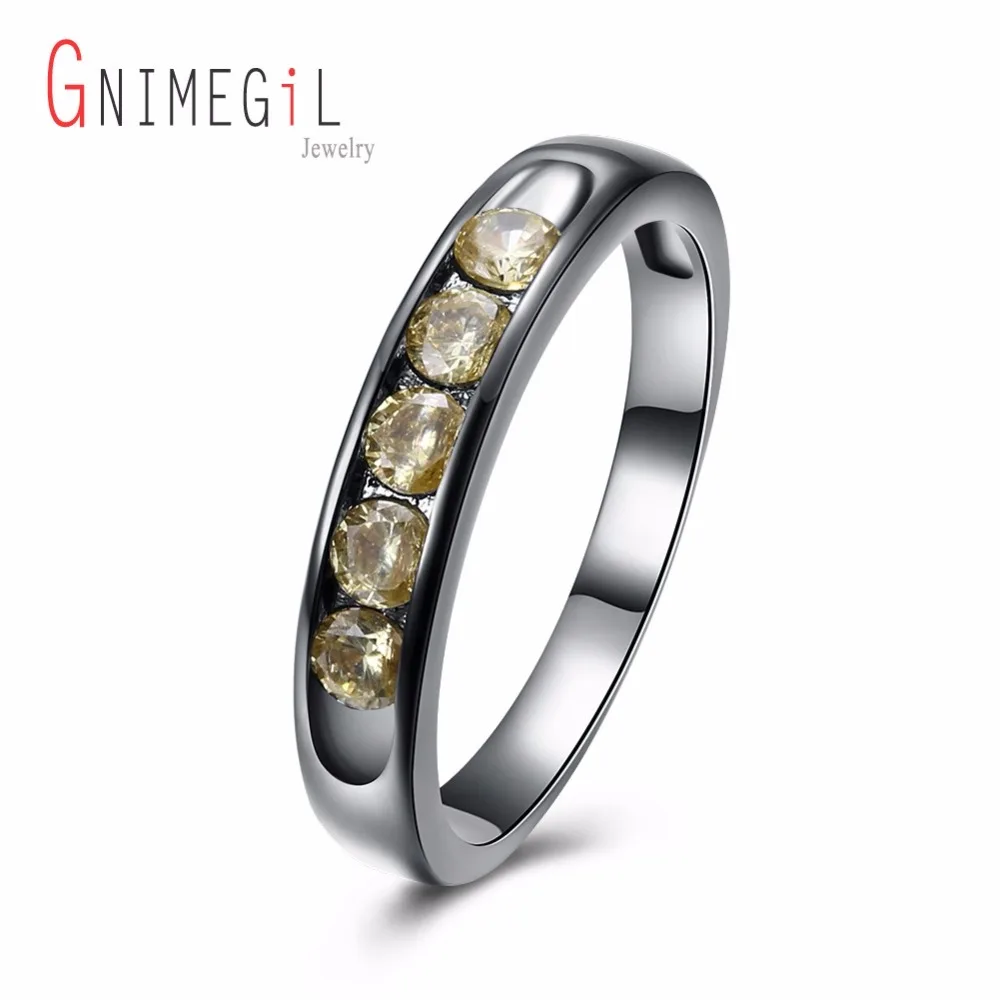 GNIMEGIL Brand Jewelry Simple Style Rings for Women Yellow Color Stone Black Gun Plated Copper