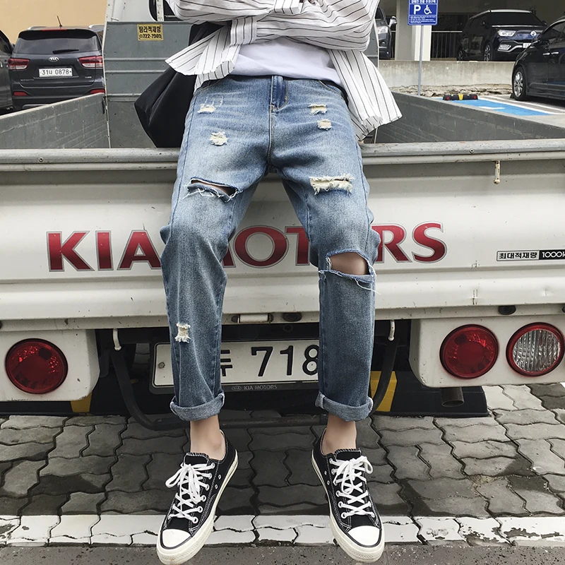 

Hole Jeans Men 2019 New Fashion Wash Casual Slim Denim Pants Man Streetwear Wild Hip Hop Straight Jeans Male Clothes S-3XL