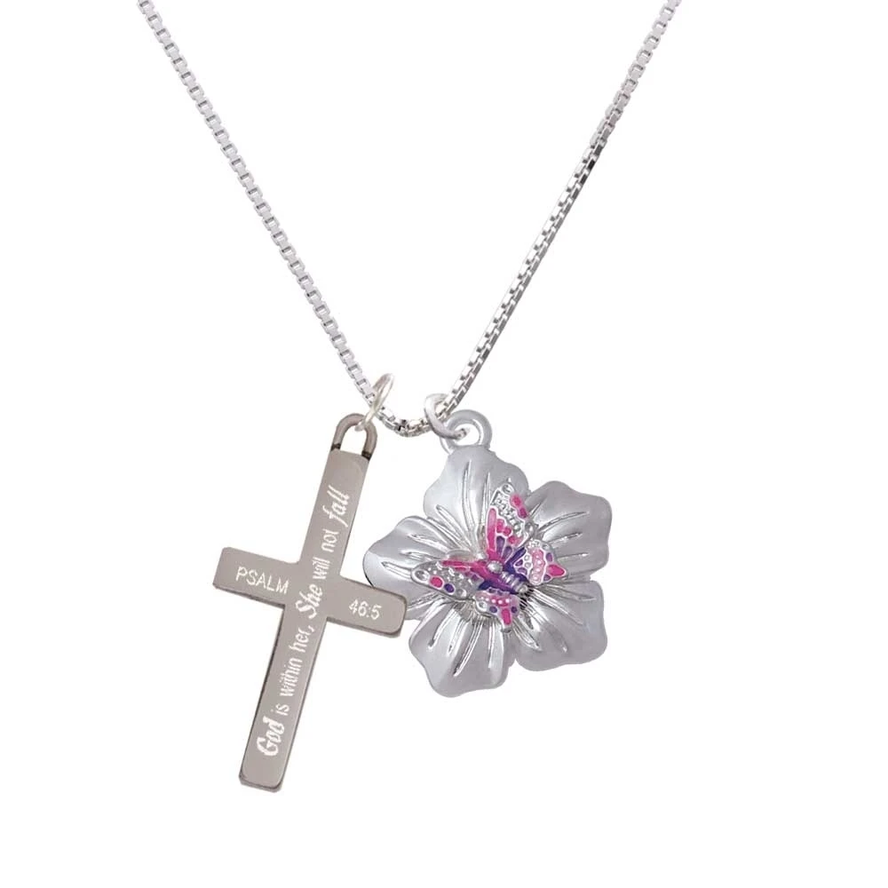 Pink & Purple Butterfly on Large Flower - She will not Fall - Cross Necklace