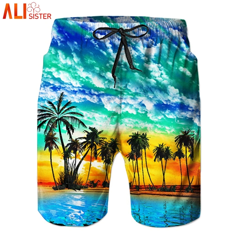 DJ Cat Print Swim Trunks Summer Beach Shorts Pockets Boardshorts for Men