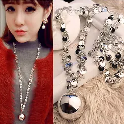 Горячие Мода Bling женщина корейский мяч кулон цепочка длинные Цепочки и ожерелья ювелирные изделия посеребренные свитер цепи