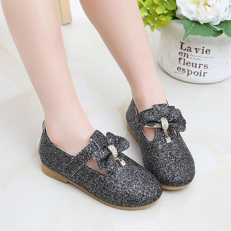 

Girls Glitter Leather Shoes Kids Fashion Princess Flats Sequins Children's Casual Sneakers Bow-knot with Rhinestone Pendant Soft