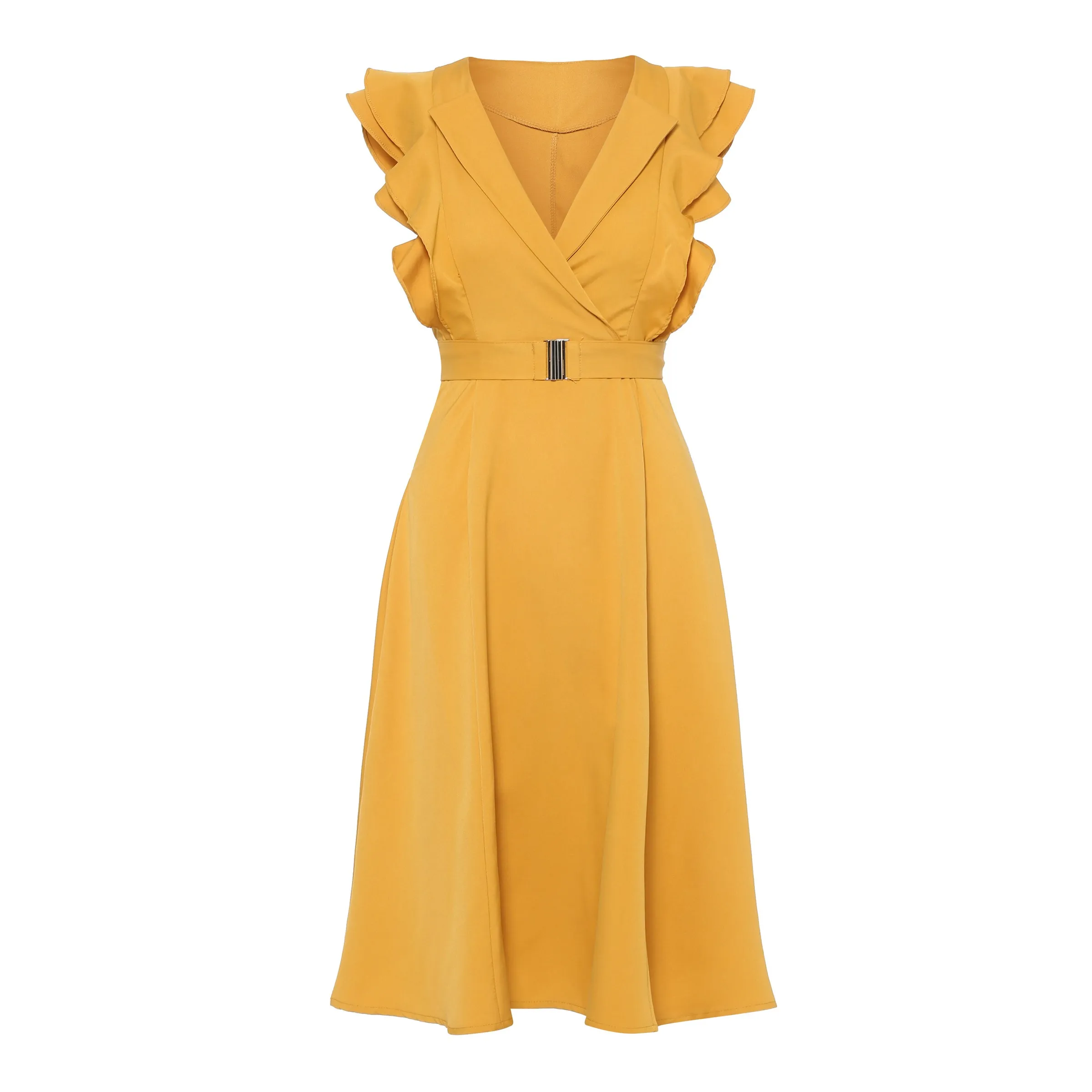 

Kinikiss yellow dress women pleated sleeveless wave cut lace-up sweet party dress summer 2019 double-layer elegant vintage dress