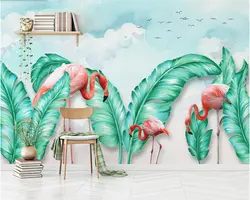 Nordic рисованной тропические листья Фламинго 3d обои, гостиная диван ТВ стена детей спальня бар обои papel де parede
