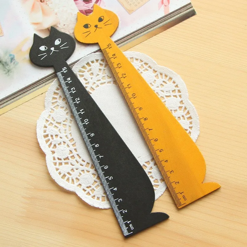 

15cm Cute Cat Shape Math Ruler Learning Wood Animal Educational Straight Ruler Brain Teaser Gift for Kids Kids Toys Black Yellow