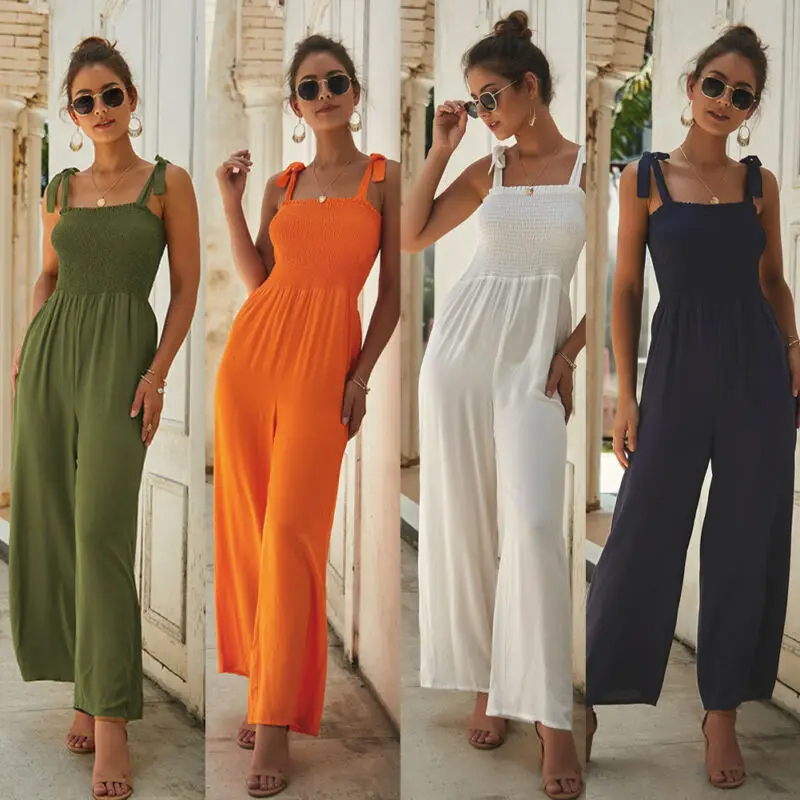 Women's Party Jumpsuit Romper Long Trousers Pants Clubwear Summer Ladies Solid Bow Bandage Jumpsuits Clothing