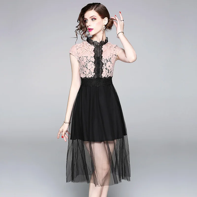 Women Dress Fashion Mesh Lace Dress Women's High Waist A-line Dress New Summer Casual Elegant Dress Slim Vintage Vestidos
