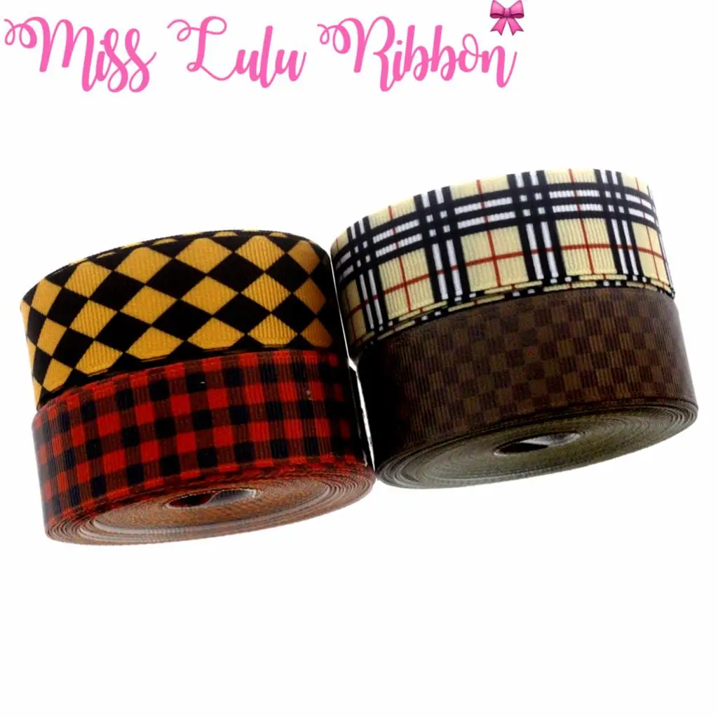 

7/8"22mm Colorful Check Geometric Pattern Printed Grosgrain Ribbon Red and Brown Party Home Decor 10yards/roll DIY Hair Band