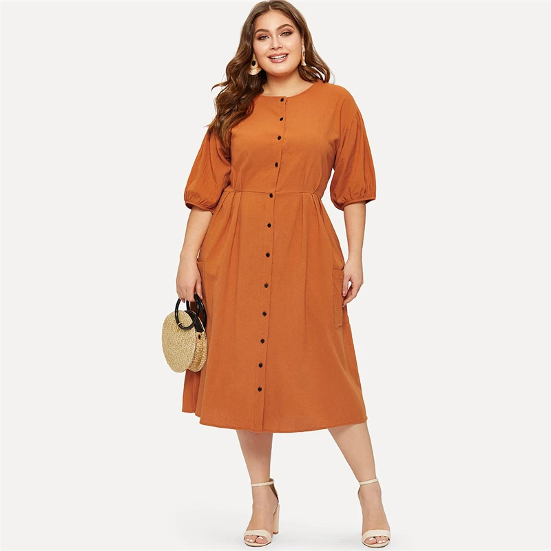 Sheinside размера плюс, оранжевое платье-рубашка с карманами и пуговицами спереди, женские летние платья бодикон с коротким рукавом,, повседневное однотонное платье миди
