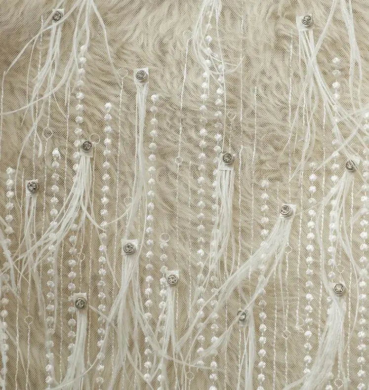 

White Ostrich perspective pearl curtains beaded mesh lace textiles fabric dress laser sexy wedding gauze party tweed fabric A437