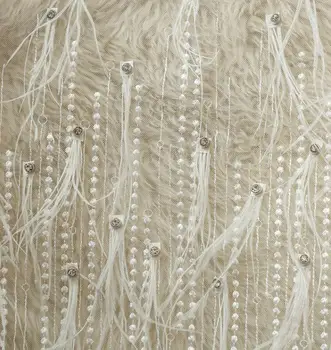 

White Ostrich perspective pearl curtains beaded mesh lace textiles fabric dress laser sexy wedding gauze party tweed fabric A437