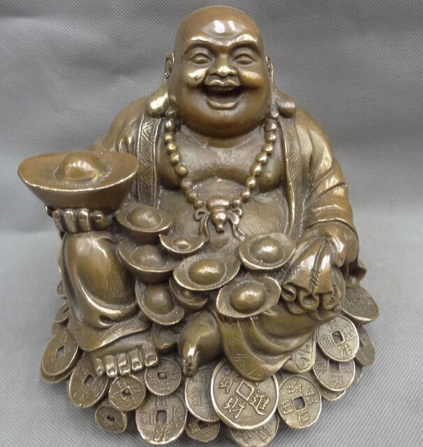 

JP S0114 Chinese Bronze Copper YuanBao Coin Money Bag Happy Laugh Maitreya Buddha Statue Discount 35%