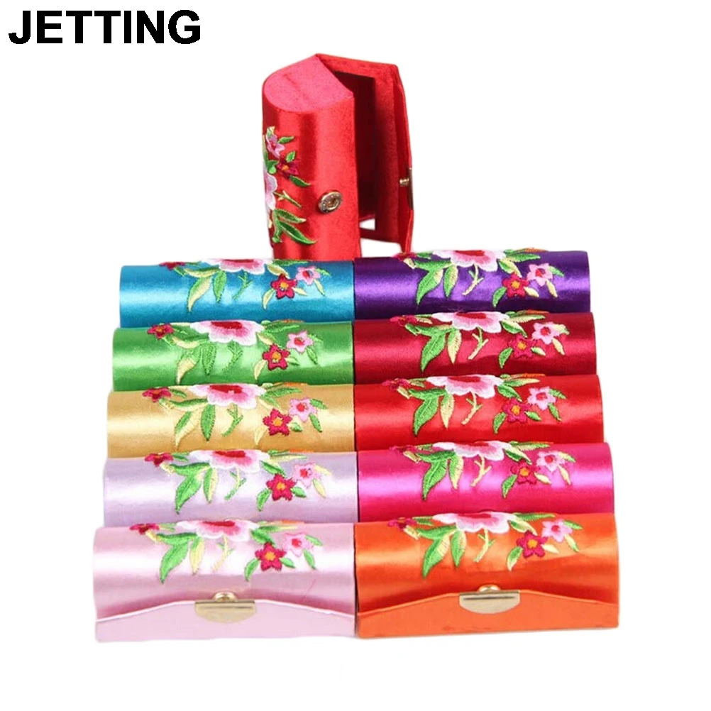 

JETTING 1PCS Chinese Style Flower Design Retro Lipstick Case For Cosmetic Bag Brocade Embroidered Holder Box with Mirror