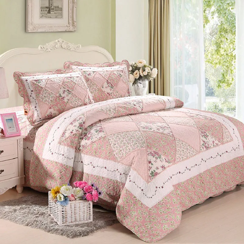 Корейский розовый цветочный лоскутный набор стёганых одеял 3 шт. покрывало Стёганое одеяло постельные принадлежности хлопок Стёганое одеяло s покрывала Shams King размер покрывало одеяло