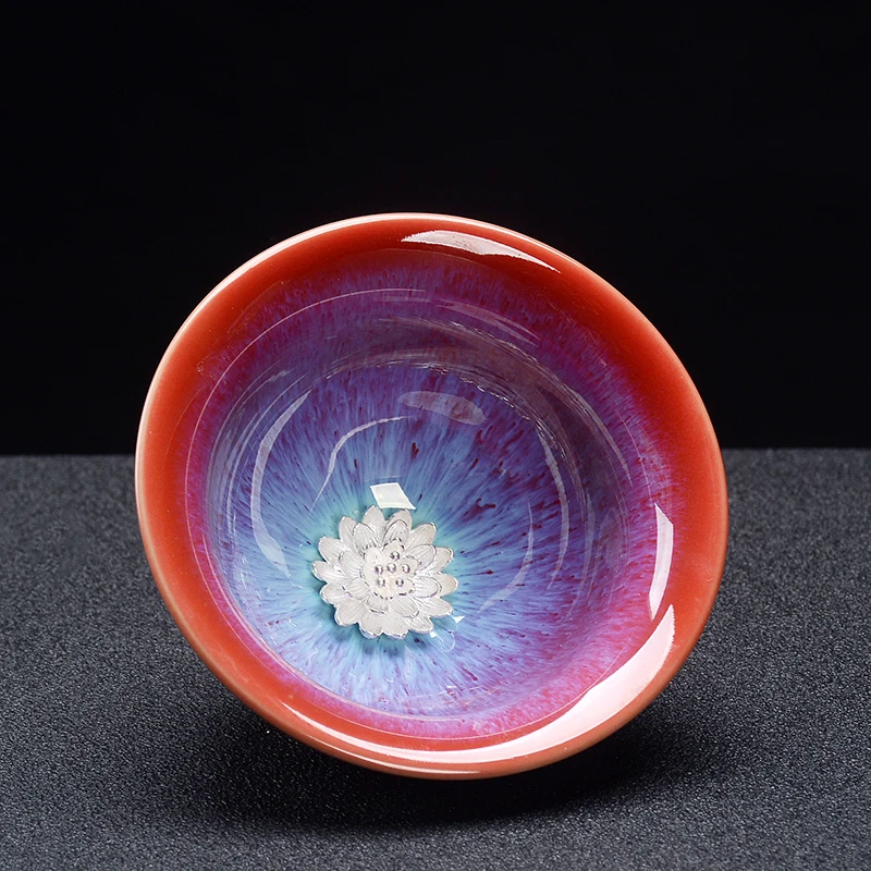 

Jia-gui luo 1 pcs Chinese ceramic kiln inlaid silver crafts lotus Kung Fu teacup kitchenware