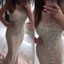 Роскошные кружевные жемчужные вечерние платья русалки, обнаженные розовые дубайские длинные вышитые бисером вечерние платья на выпускной, на заказ, торжественное платье Robe De Soiree