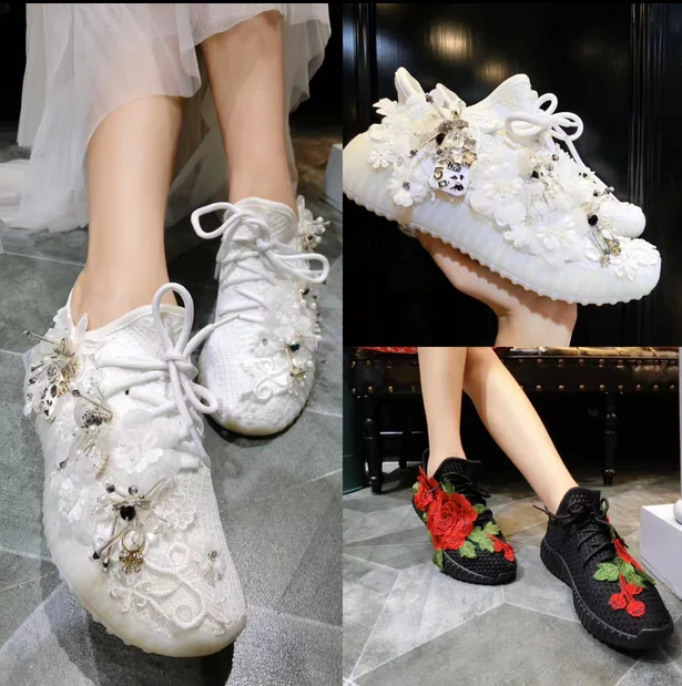 

Women Flowers Diamonds a Lace Up New Canvas Flat Shoes Size Black White Casual Shoes 35-40 C49