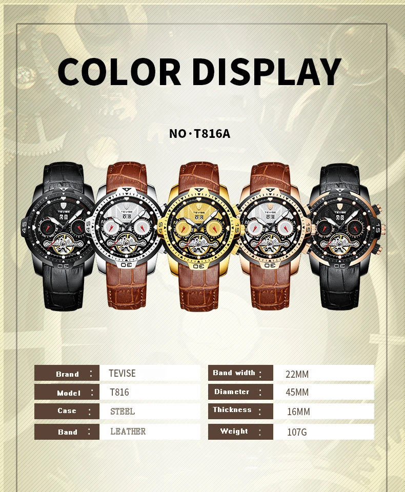 Tevise الرجال التلقائي ساعات آلية الرجال الفاخرة الذهبي توربيون الهيكل العظمي للماء الذكور ساعة اليد Relogio masculino Tevise الرجال التلقائي ساعات آلية الرجال الفاخرة الذهبي توربيون الهيكل العظمي للماء الذكور ساعة اليد Relogio masculino