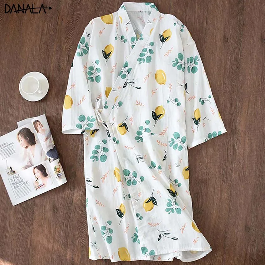 DANALA Cotton Women Sleepwear Robe Kimono Half Sleeve Floral Print Bathrobe Comfortable And Breathable Pajamas For Women