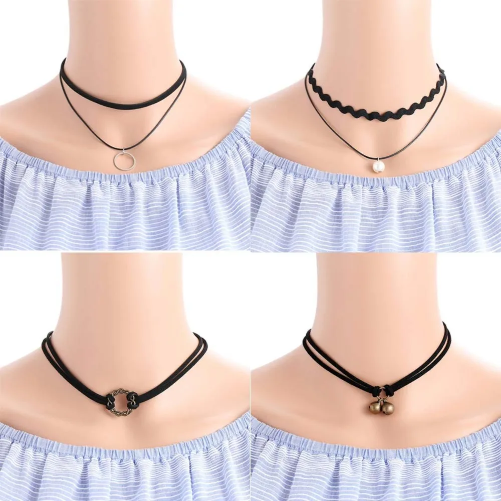 MISM New 4 Pcs/Set Crystal Choker Pearl Necklace Women Retro Collier Femme Velvet Layered Black Lace Jewelry Lady Kolye | Украшения и