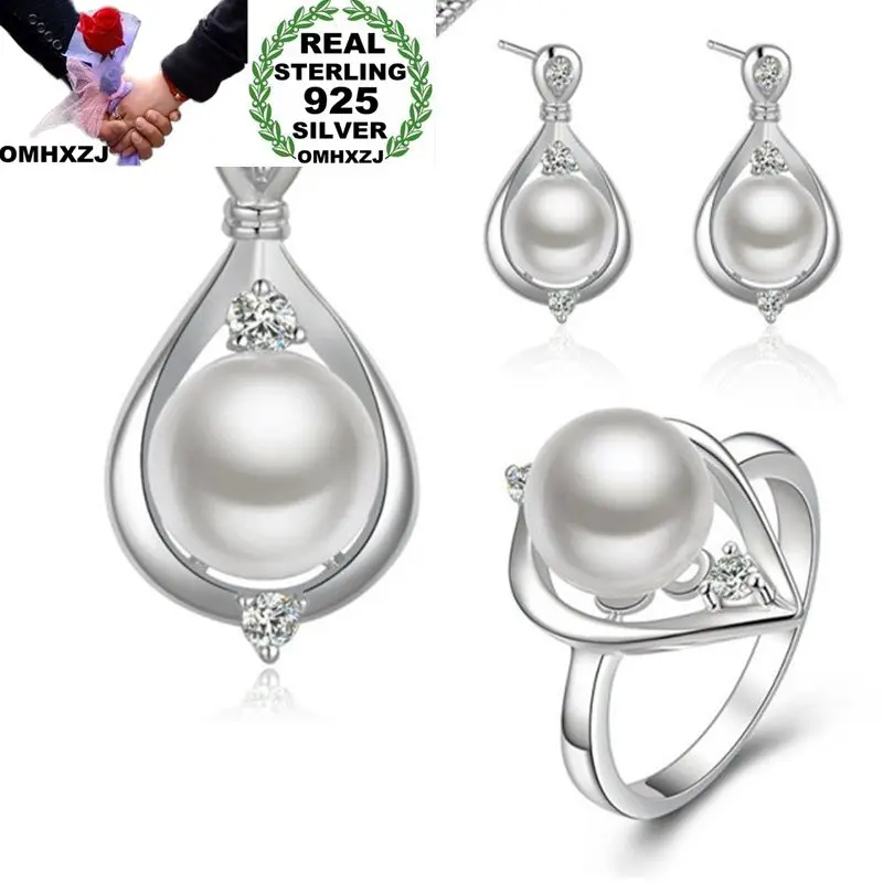 

OMHXZJ Wholesale European Fashion Woman Girl Party Wedding Gift 925 Sterling Silver Stud Earrings+Ring+Necklace Jewelry Set JE05