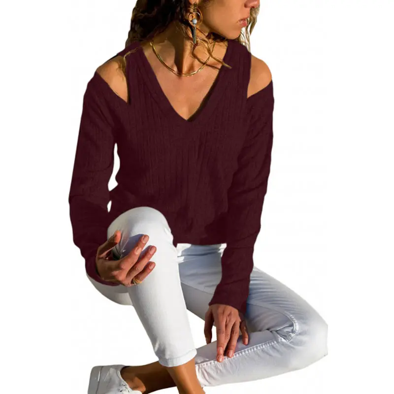Pullover Female Rib Knit Long-Sleeved Top Winter Clothes Women V-Neck Cold Shoulder Sweater Casual Pure Color Autumn | Женская одежда