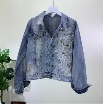 

2019 new women beaded three-dimensional flower hole jeans coat women long-sleeved short denim jacket 1907