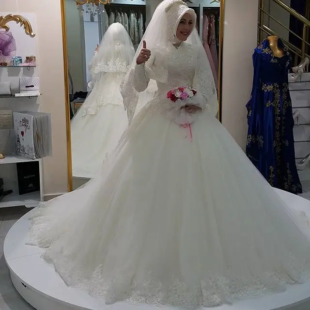 

Saudi Arabia muslim hijab wedding dress Bridal Dresses Robe De Mariage long sleeve lace applique ball gown vestido de novia