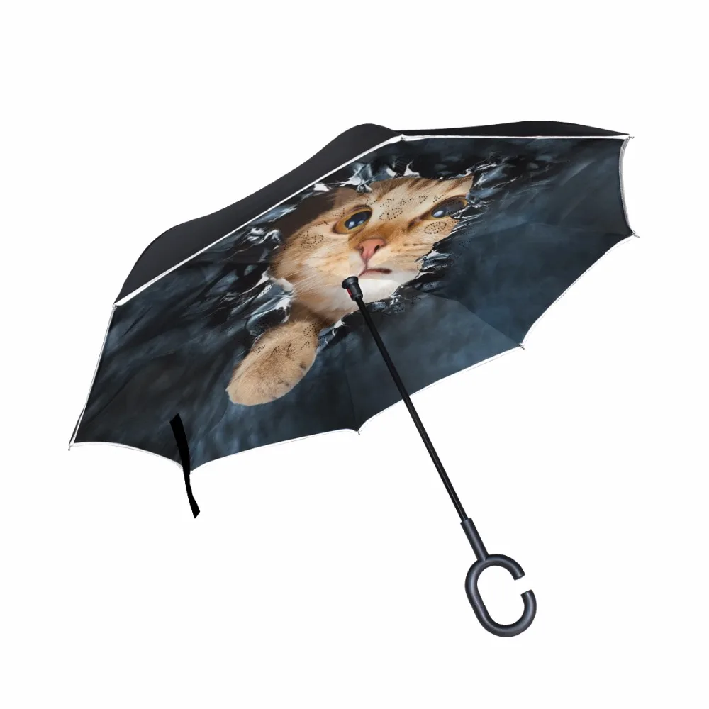 Cute Cat Windproof Reverse Umbrella Long Shank Inverted Double Layer Creative Self Stand Rain