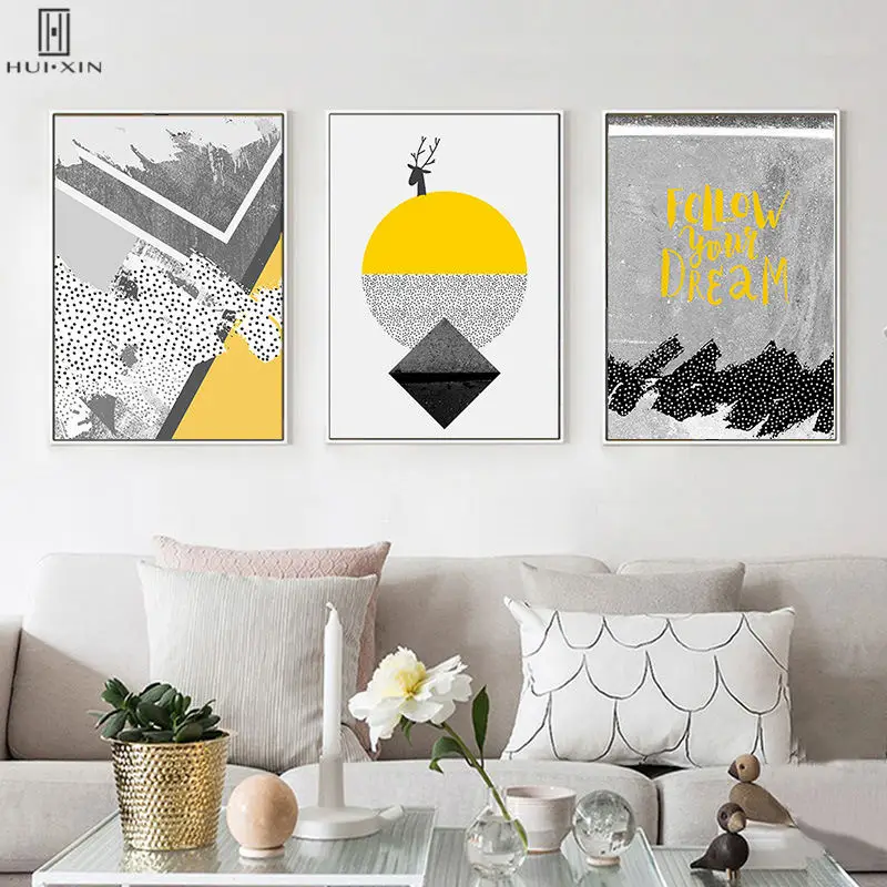 

Absrtract Minimalist Paintings Yellow Black Triangles Follow Your Dream Inspiring Words Wall Art On Canvas Print For Home Decor