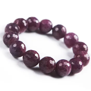 

15mm Genuine Natural Rose Red Ru by Gems Crystal Faced Bead Bracelets Stretch Round Bead Woman Lady Bracelet