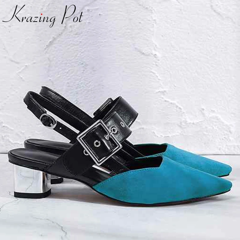 

Krazing Pot new arrival sheep suede pointed toe metal med heel buckle straps rivets big size 43 42 41 summer elegant pumps L11
