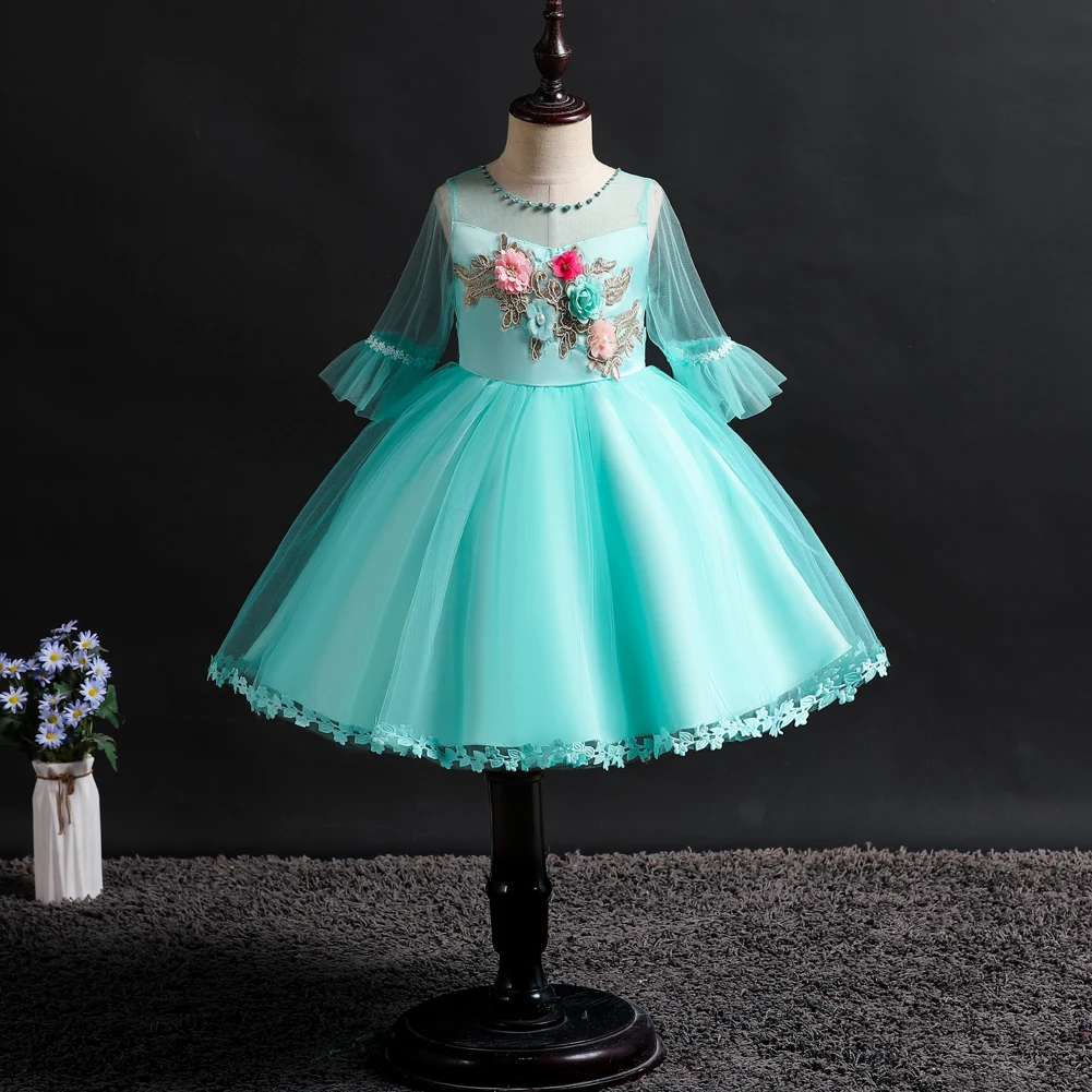 

New girls clothes pattern baby girl Princess Dress embroidered lace middle sleeve stage show hosting ballet birthday party