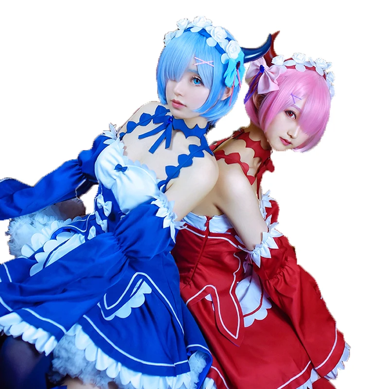 

Re Zero Kara Hajimeru Isekai Seikatsu Ramu RAM Remu REM Evil Demon Maid Dress Uniform Anime Cosplay Costumes gift horns socks