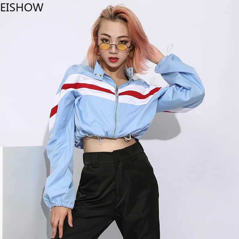 

EISHOW Zipper Strip Patchwork Long Sleeve Drawstring Waist Button Women Jackets 2019 Spring Stand Collar Crop Tops Coat Clothes