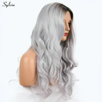 

Sylvia Light Gray Wig Ombre Dark Roots Two Tone Natural Hairline Long Synthetic Lace Front Wigs For Women Cosplay Body Wave Hair