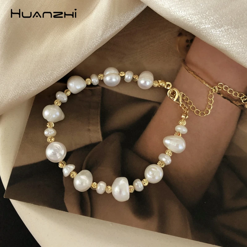 HUANZHI, новинка, браслет в стиле барокко, позолоченный, металлический, неровный, натуральный пресноводный жемчуг, браслеты для женщин, девушек, ювелирное изделие, подарок