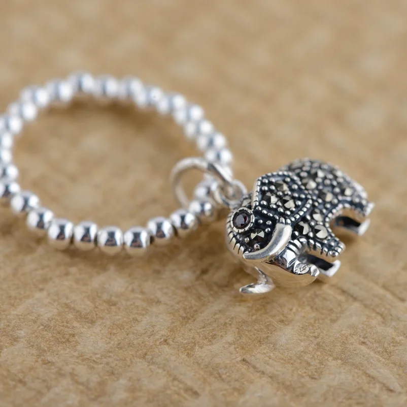 

S925 marcasite silver inlaid ring antique style female elastic braid