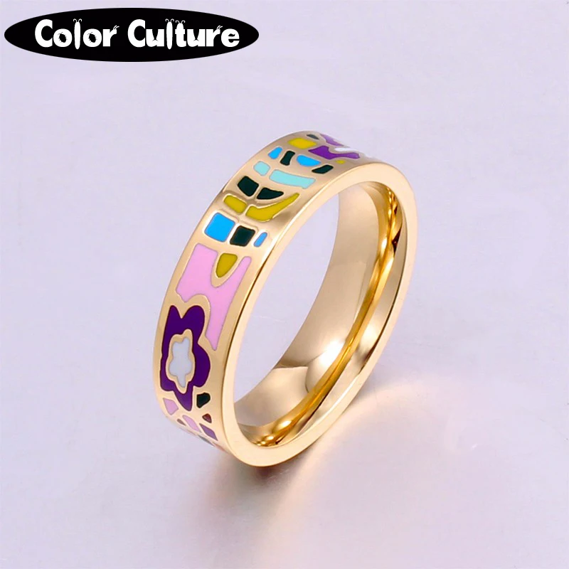 Classic Metal Enamel Ring Women Stainless Steel Creative Ring flower