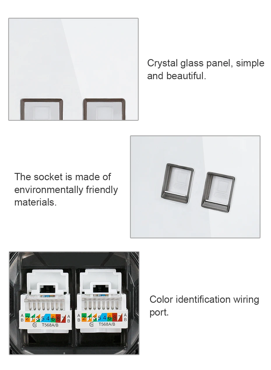 Esooli Новое поступление Белый Роскошный Кристалл Закаленное стекло панель 2 банды RJ45 Интернет Джек настенные данные двойная розетка компьютерная розетка