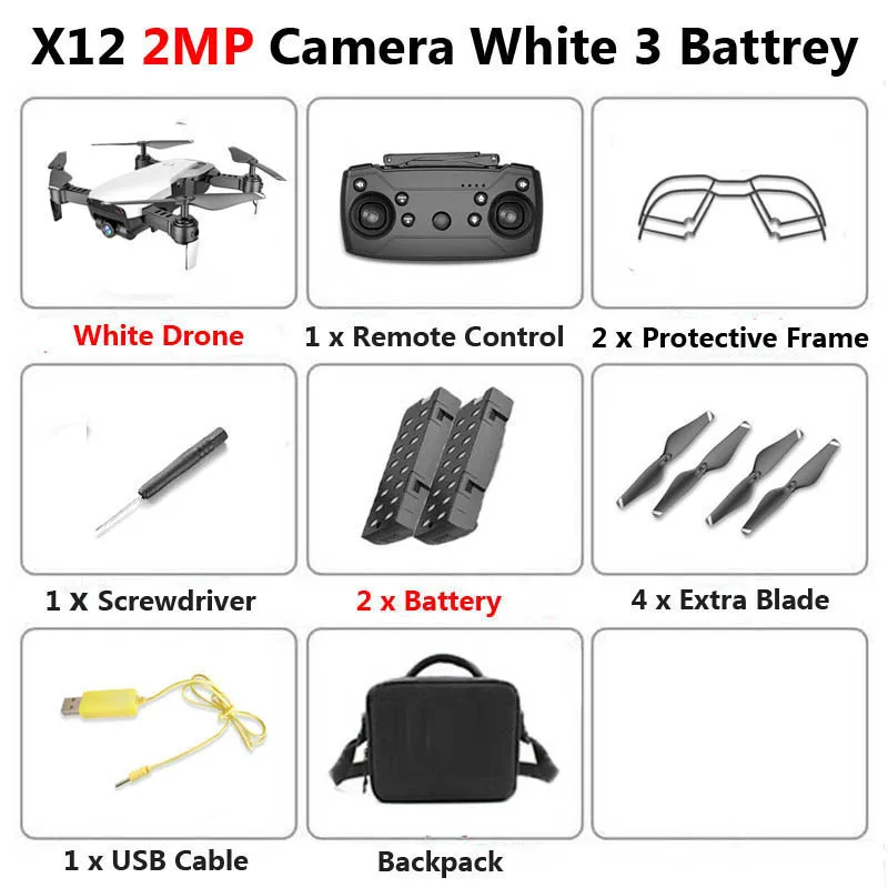 X12 WiFi FPV Mini Foldable Drone Camera 0.3MP 2MP HD Optical Flow Aerial Video Profissional RC Quadcopter Helicopter Toys SG106 - Цвет: 2MP White 2B Bag