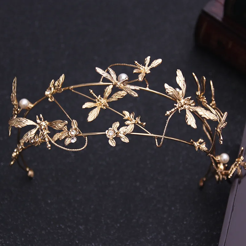 Online Mamojko Fashion Bride Tiara Rhinestone Pearl Golden Dragonfly Bridal Wedding Crown For Women Hair Dress Accessories Jewelry