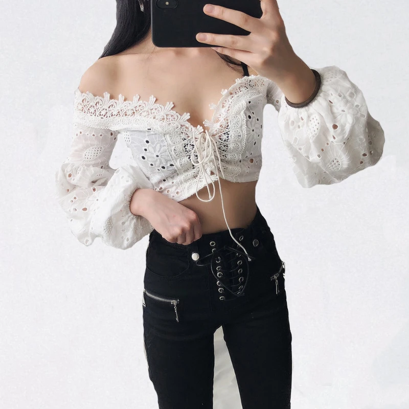 Brown Lace-up Off The Shoulder Lantern Sleeves Blouses Brown Lace-up Off The Shoulder Lantern Sleeves Blouses