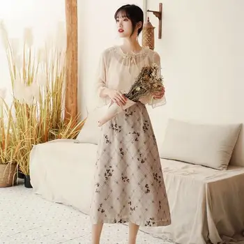 

Spring Summer Sweet 3piece Set Women Three Quarter Flare Sleeve Mesh Tops Mid-calf Print Skrts Fairy Woman's Clothes Fashion